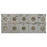 Lot Of Ten Mixed Date Uncirculated Mercury Dimes