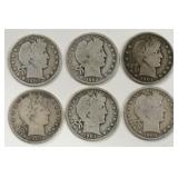 Lot of 6 Barber Silver Half Dollars