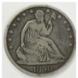 1858 Seated Liberty Silver Half Dollar
