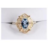 Ladies 14K Yellow Gold Blue Topaz Filigree Ring