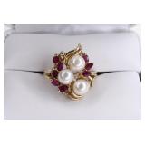 Ladies 14K Yellow Gold Ruby & Pearl Ring