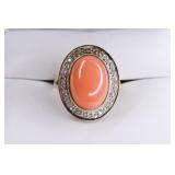 Ladies 14K Yellow Gold Diamond & Coral Ring