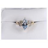 Ladies 14K Yellow Gold Blue Topaz & Diamond Ring