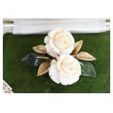 Vintage Krementz Hand-Carved Ivory & Jade Rose Pin