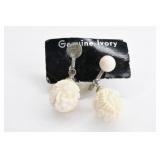 Vintage Hand Carved Ivory Rose Ball Earrings