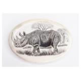 Antique Ivory Scrimshaw Rhinoceros Oval Plaque