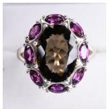 6.62cttw Genuine Smokey Topaz and Amethyst Ring