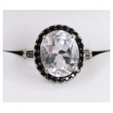 14K White Gold White Sapphire & Black Diamond Ring