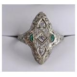 Antique 18k 3 Diamond & 2 Emeralds Filigree Ring