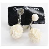 Vintage Hand Carved Ivory Rose Ball Earrings