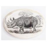 Antique Ivory Scrimshaw Rhinoceros Oval Plaque