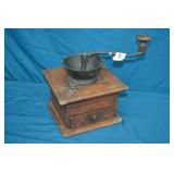 Antique Wood Box, Cast Iron Crank Coffee Grinder