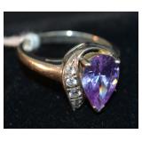 Sterling & Amethyst & CZ Stone Size 9 Ring
