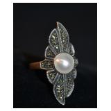 Judith Jack Sterling & Faux Pearl Size 9 Ring