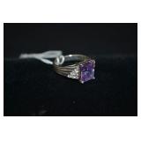 Sterling Amethyst & CZ Stone Size 9 Ring