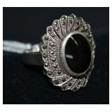 Sterling & Marcasite & Onyx Size 9 Cocktail Ring