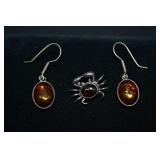 Sterling Silver & Amber Earrings & Crab Brooch Pin