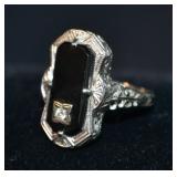 14k White Gold, Black Onyx & Diamond Lady's Ring