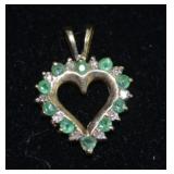 10k Gold Diamond & Emerald 16mm Heart Charm