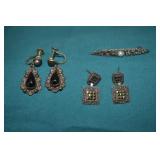 Antique Sterling Silver Earrings & Pin Brooch