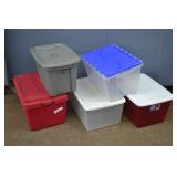 5 Various Plastic Storage Totes With Lids
