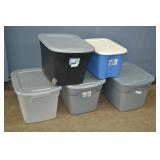 5 Various Plastic Storage Totes With Lids