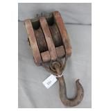 6" Dual Wheel Wood Frame Antique Farm Pulley