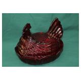 Large 9" Red Glass Hen on Nest Covered Dish