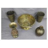 Lot Various Solid Brass Vases, Bowl, & Cups