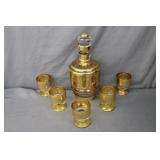 6pc Bohemian Gilded Gold Cordial Decanter, Glasses