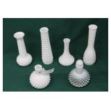 6pcs Hobnail Milkglass Vases & Cruets