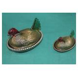 2pc Watermelon Glass Hen on Nest Covered Dishes