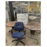 (2) Tables, plastic drawer set, and blue chair