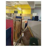 Contents of cage, chairs, desks, tables and wooden shelves in back)