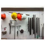 Assorted chains, bars, and helmets