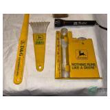 John Deere Rain gauge, flashlight, windshield scraper, hand broom and fly swatter - various dealers