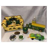 John Deere Items, kleenex box cover, tins, paperweights