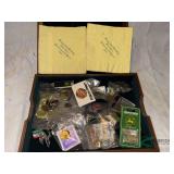 Wooden desk Stationary box and contents of John Deere and Tractor pins various