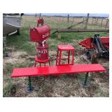 Milk can with mail box on it, wood park bench, & stool, row:11