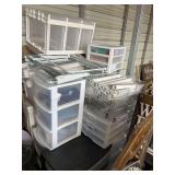 Sterilite storage bins with storage racks, bldg:green