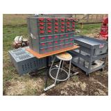 Gym locker on wheels, tool rolling cart, & table with cabinets for parts drawer, row:11
