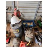 Portable air compressor, (5) steel gas cans, (1) small plastic gas can, steel funnel hydro pump and tank, bldg: green