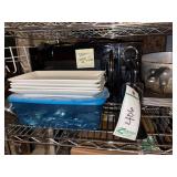 Microwave, dishes, pots, baking sheets