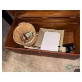 Wooden storage trunk and contents