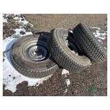 (3) 9.50R16.5 LT Mounted tires and 8 bolt rims, 1 has blown side wall