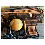 Vintage trunk, skis, and collectibles