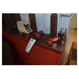 toys and glass bottles on shelf