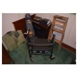 contents of corner, step ladder, walker, vacuum, mirrors, electric fireplace