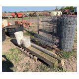 (2) 2 x 6 x 8 Posts, (2) 4 x 4 Posts, T-Posts-appr. 5, (2) Buckets of Electric Fence Fittings, Woven Fence Wire, row:5