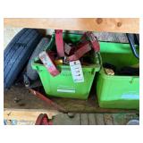 Totes and contents, trailer wheels, roof jacks, pool filter and misc.